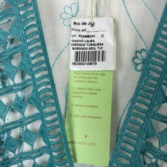 NEW RIO DE JAS size large White Blue embroidered Kaftan Mumu Dress Maxi Poncho - Picture 14 of 15